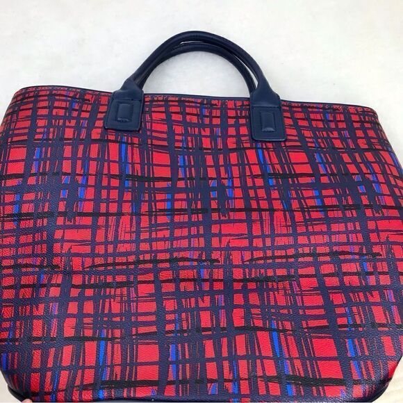 Very Bradley Red Blue Linear Graphic Double Handle Like New Travel Tote - Picture 4 of 16